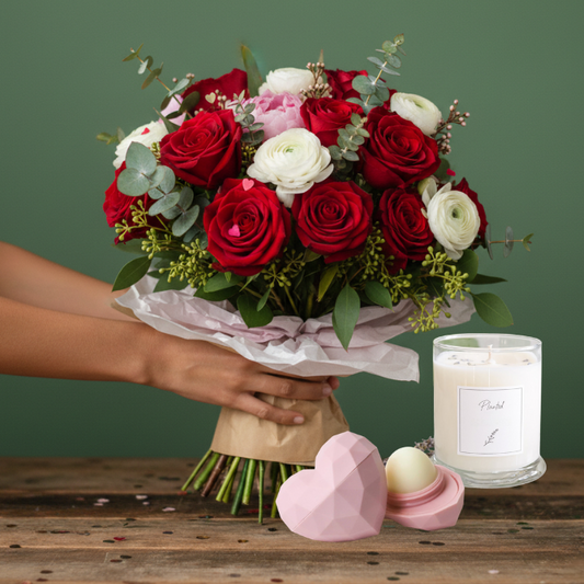 Pre-Order Special: Valentine's Day Bundle - A Dozen Roses or Premium Flower Bouquet plus Candle and Lip Balm