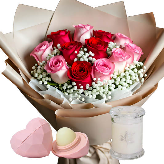 Pre-Order Deal: Valentine's Day Bundle - A Dozen Roses or Premium Flower Bouquet plus Candle and Lip Balm